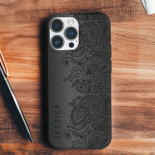 Metallic Black met zwarte Paisley Lace iPhone 16 Pro Hoesje