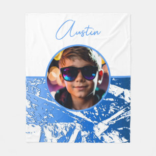 Metallic blauw en wit aangepaste foto met naam fleece deken