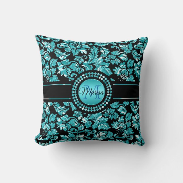 Metallic blauw en wit damast kussen (Voorkant)