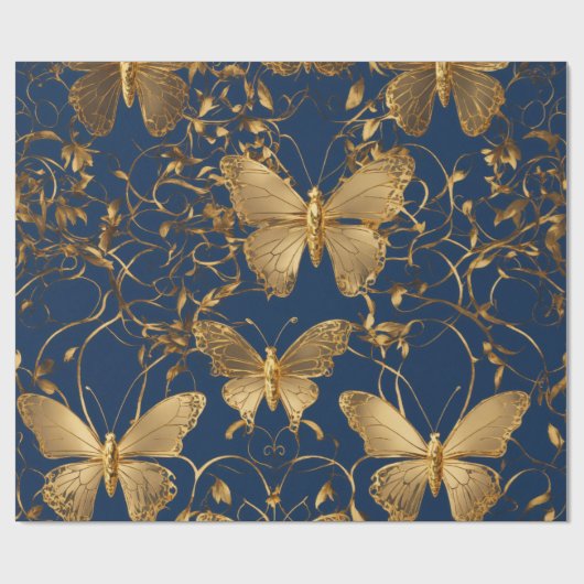 Metallic blauwe vlinders met gouden wijnstokken cadeaupapier (Vlak)