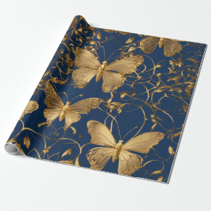Metallic blauwe vlinders met gouden wijnstokken cadeaupapier