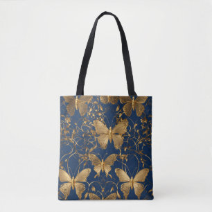 Metallic blauwe vlinders met gouden wijnstokken draagtas