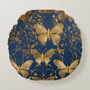 Metallic blauwe vlinders met gouden wijnstokken rond kussen