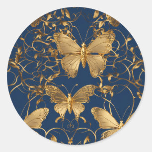 Metallic blauwe vlinders met gouden wijnstokken ronde sticker