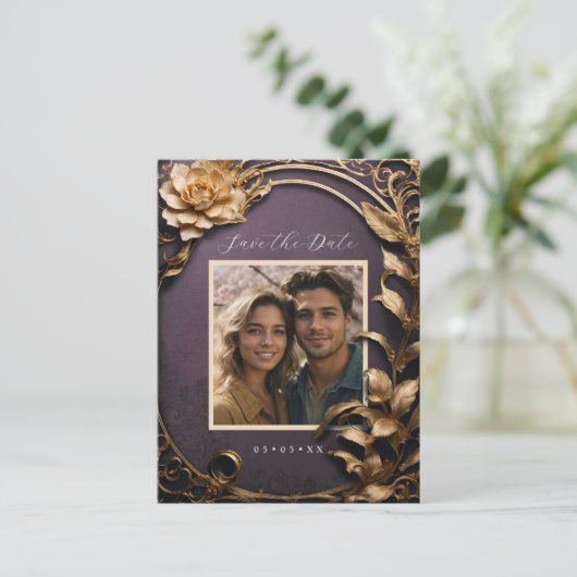 Metallic bloemen foto bewaar de datum briefkaart (Staand voorkant)