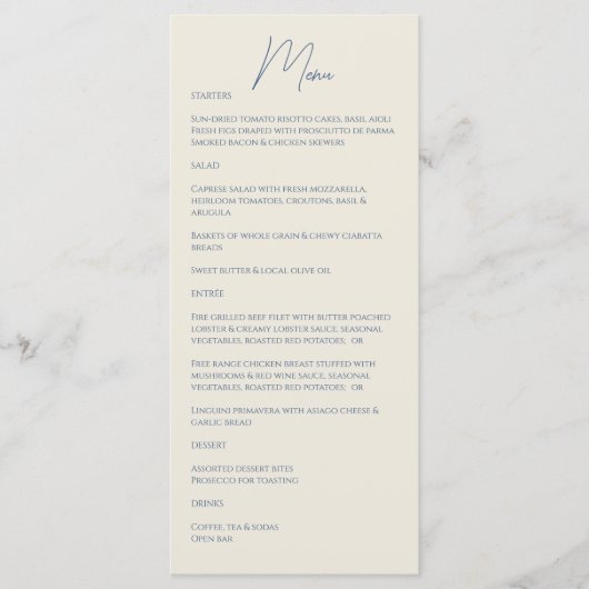 Metallic Blue · Handgeschreven script bruiloft Menu (Voorkant)