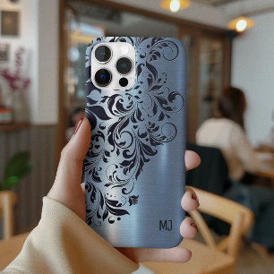 Metallic Blue Texture Blue Swirl Accent Monogram iPhone 16 Pro Hoesje