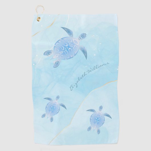 Metallic Blue Turtle Sky Blue Ink Monogram Golf to Golfhanddoek (Voorkant)