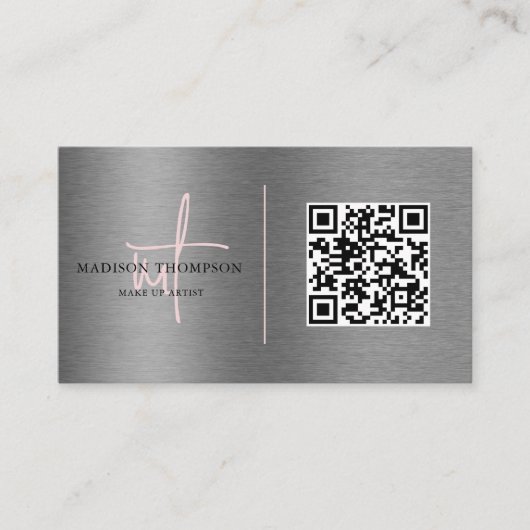 Metallic borstel staal zilveren script roze QR-cod Visitekaartje (Voorkant)