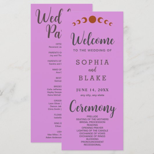 Metallic brons maanfasen Paarse bruiloft programma (Voorkant / Achterkant)