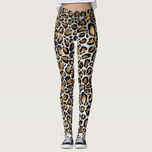Metallic Bronze & Black Leopard Spots op White Leggings (Voorkant)