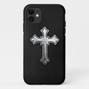 Metallic crucifix op zwart leder iPhone 11 hoesje