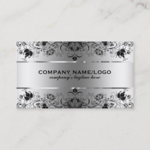 Metallic faux zilver met zwart kant visitekaartje