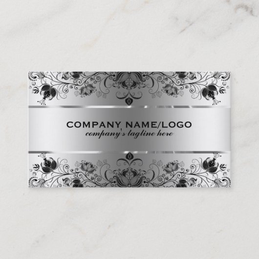 Metallic faux zilver met zwart kant visitekaartje (Voorkant)