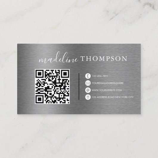 Metallic geborsteld staal zilveren script QR-code Visitekaartje (Achterkant)