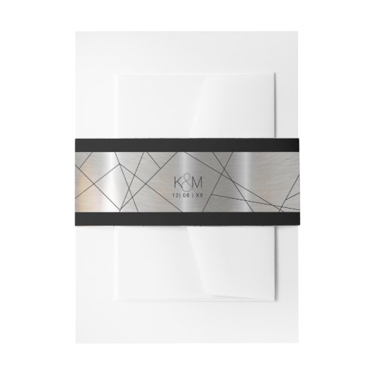 Metallic Geometric Wedding Silver/Black ID648 Uitnodigingen Wikkel (Voorkant Voorbeeld)