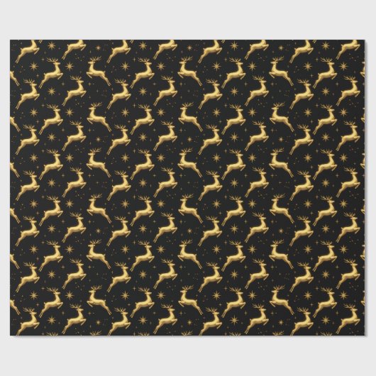Metallic Gold and Black Reindeer and Stars Cadeaupapier (Vlak)