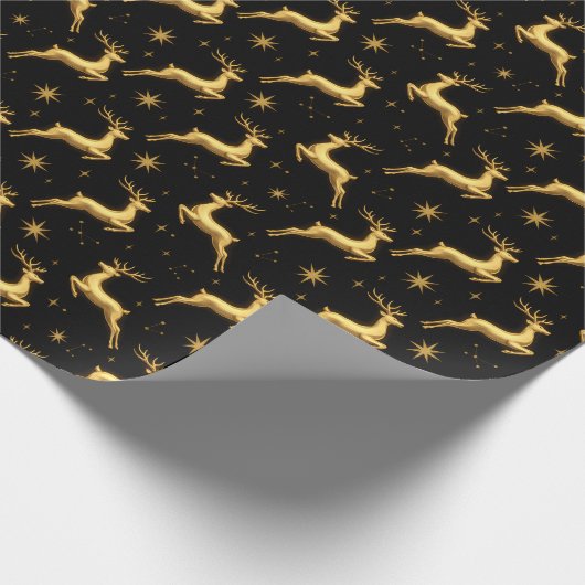 Metallic Gold and Black Reindeer and Stars Cadeaupapier (Hoek)