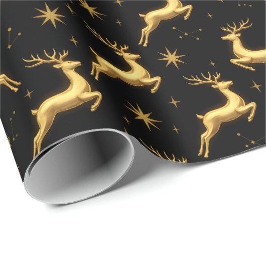 Metallic Gold and Black Reindeer and Stars Cadeaupapier (Rol Hoek)