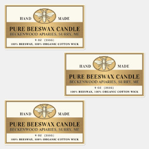 Metallic Gold Beeswax Ivory Candle Heraldic Bee Labels
