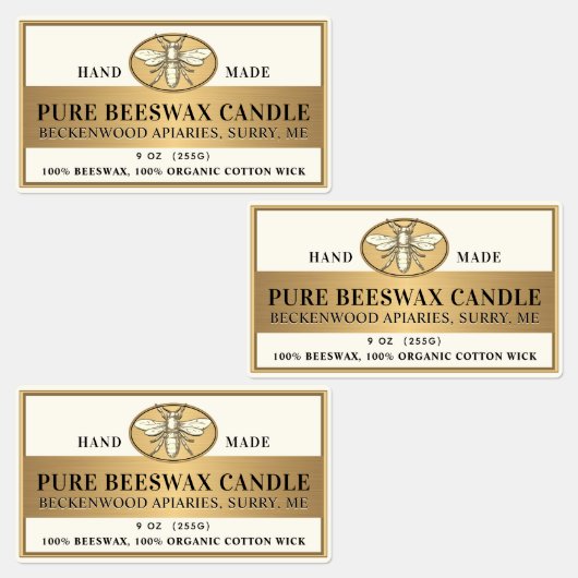 Metallic Gold Beeswax Ivory Candle Heraldic Bee Labels (Groep)