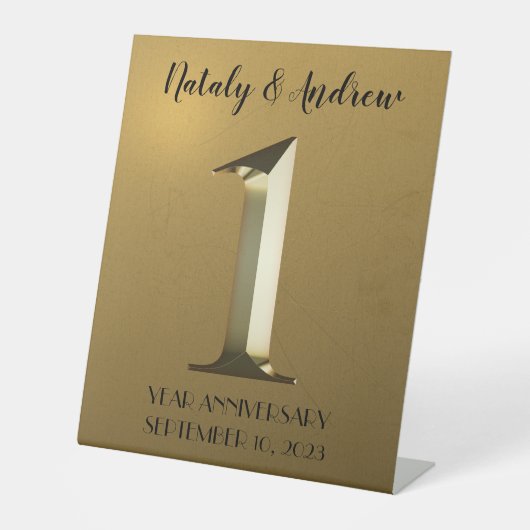 Metallic gold eerste trouwdag reclamebord met voetstuk (Voorkant)