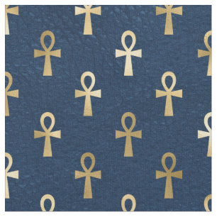 Metallic Gold Egyptian Ankh over Navy Blue Stof