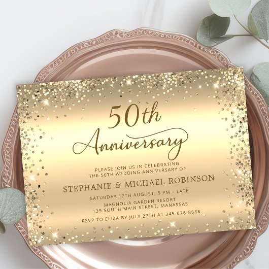Metallic Gold Glitter 50th Wedding Anniversary Kaart