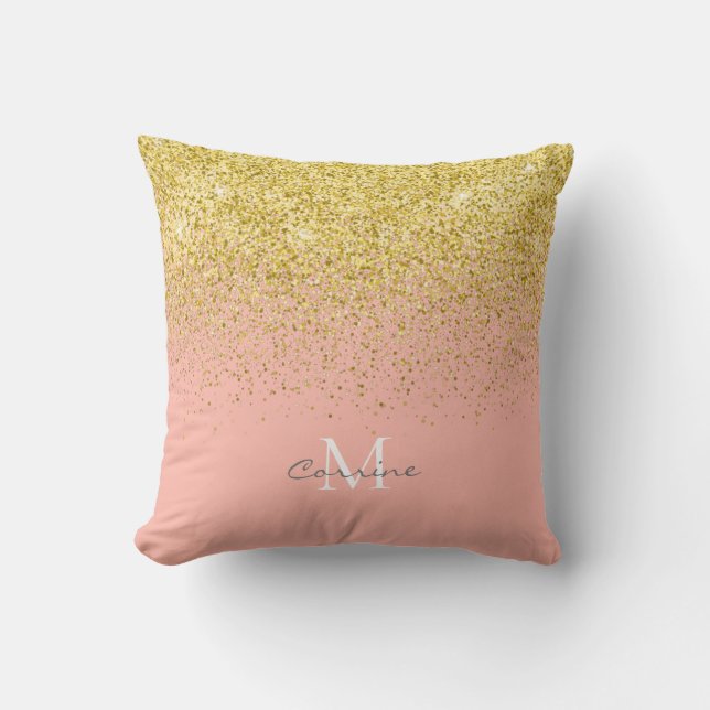 Metallic Gold Glitter Rain + Roos Kwarts Monogram Kussen (Voorkant)