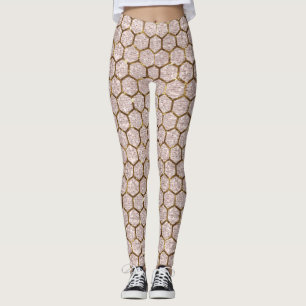 Metallic Gold Glitter Sequins Hexagon Honeycomb Leggings