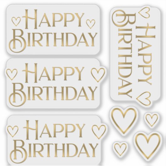 Metallic Gold Happy Birthday Sticker en hart (Voorkant)