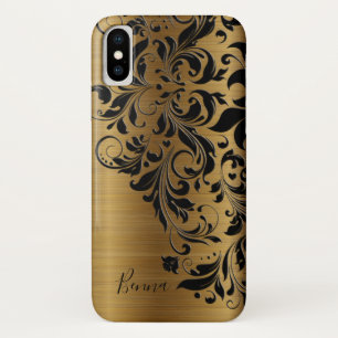 Metallic Gold Print en Black Floral Lace iPhone X Hoesje