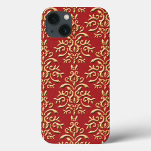 Metallic Gold Red Damask Patroon iPhone 13 Hoesje