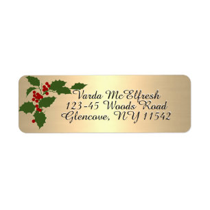 Metallic Gold Script Holly en Berries Holiday Etiket