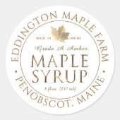 Metallic Gold State Name Maple Syrup met Leaf Ronde Sticker (Voorkant)