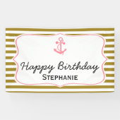 Metallic Gold Stripes met roze Anchor Birthday Spandoek (Horizontaal)