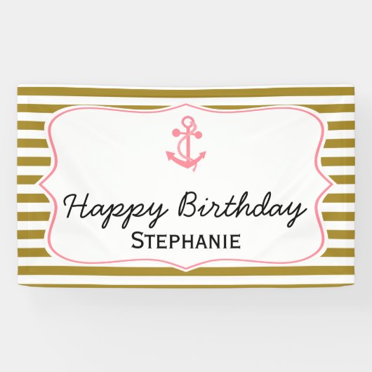 Metallic Gold Stripes met roze Anchor Birthday Spandoek (Horizontaal)