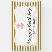 Metallic Gold Stripes met roze Anchor Birthday Spandoek (Verticaal)