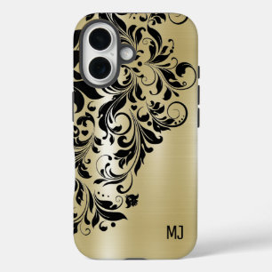 Metallic Gold Texture Black Swirl Accent Monogram iPhone 16 Hoesje
