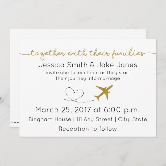 Métallic Gold, Voyage Mariage à thème Invitation (Devant / Derrière)