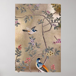 Metallic Golden Garden Chinoiserie met Song Birds Poster