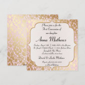Metallic Golden Roos Pink First Communite Invite Kaart (Voorkant / Achterkant)
