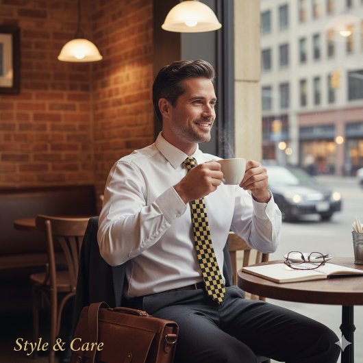 Metallic goud met zwart vierkant patroon Stropdas