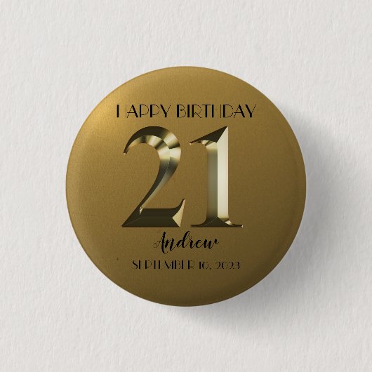 Metallic gouden 21ste verjaardag ronde button 3,2 cm (Voorkant)