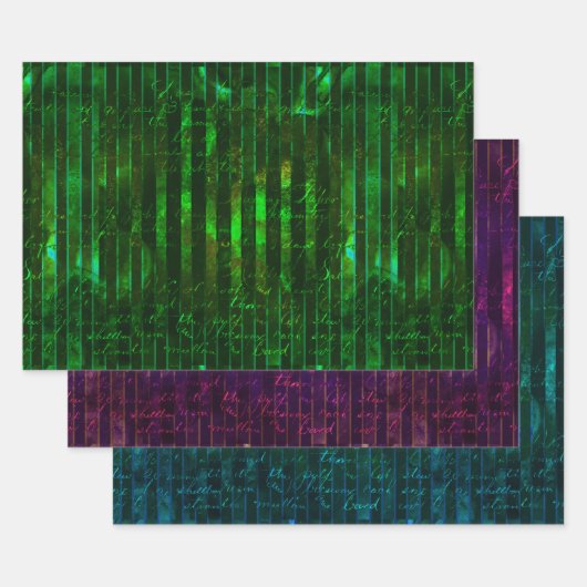 Metallic Green Paars Turquoise Stripes Script Inpakpapier Vel (Set)