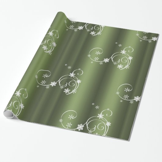 Metallic Green, White Swirls Kerstmis Cadeaupapier (Uitgerold)