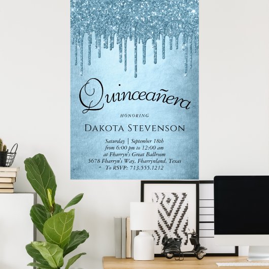 Metallic ijsblauwe druppel | Glitzy Glam Quinceane Poster (Thuiskantoor)
