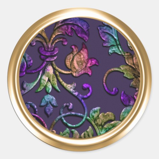 Metallic in reliëf gezette look Damask in Plum Mul Ronde Sticker (Voorkant)