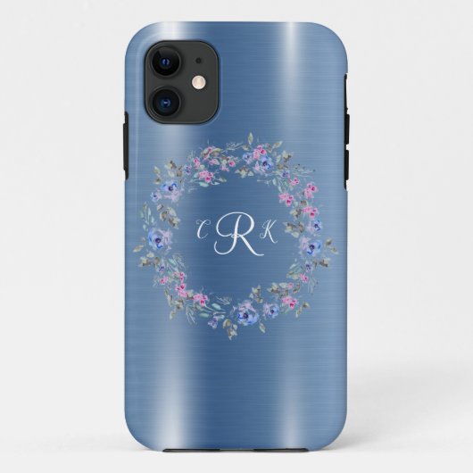 Metallic Monogram Blue Floral Girly Case-Mate iPhone Case (Achterkant)