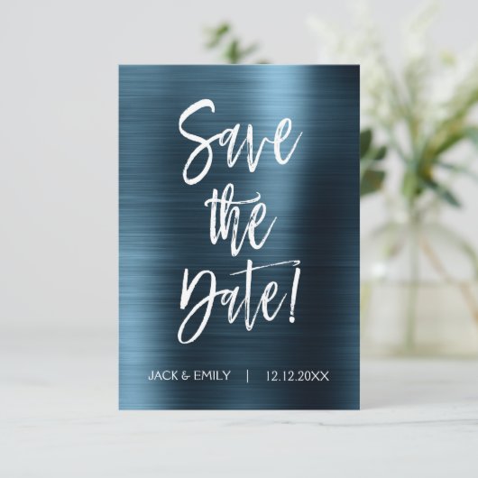 Metallic Navy Blue Save the Date Wedding Kaart (Staand voorkant)